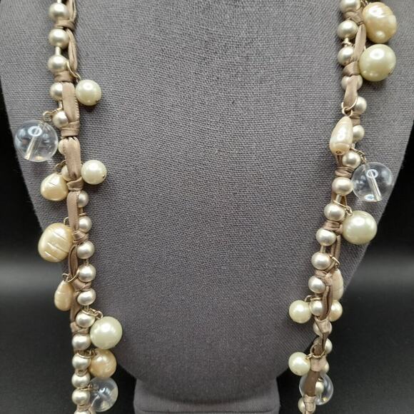 Chico's Glass Pearl Long Necklace,  Clear Globe Beads, 41 Inches, Beige Ribbon - Picture 4 of 11